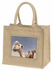 Camels Intrigued by Camera Natural/Beige Jute Large Shopping Bag