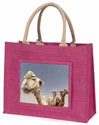 Camels Intrigued by Camera Large Pink Jute Shopping Bag