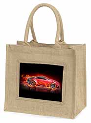 Red Fire Sports Car Natural/Beige Jute Large Shopping Bag