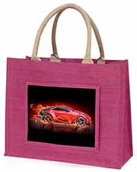 Red Fire Sports Car Large Pink Jute Shopping Bag