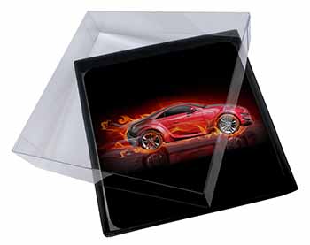 4x Red Fire Sports Car Picture Table Coasters Set in Gift Box