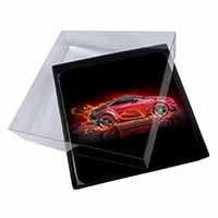 4x Red Fire Sports Car Picture Table Coasters Set in Gift Box