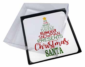 4x Christmas Word Tree Picture Table Coasters Set in Gift Box