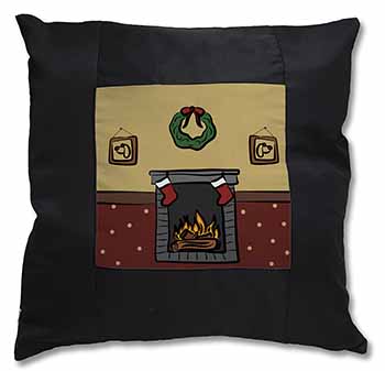 Christmas Fire Place Black Satin Feel Scatter Cushion