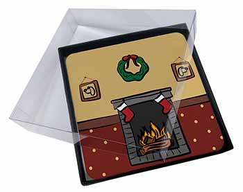 4x Christmas Fire Place Picture Table Coasters Set in Gift Box