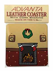 Christmas Fire Place Single Leather Photo Coaster