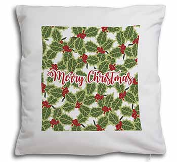 Merry Christmas with Holly Background Soft White Velvet Feel Scatter Cushion