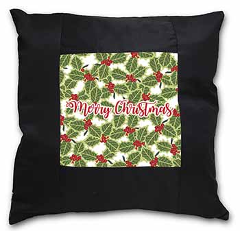 Merry Christmas with Holly Background Black Satin Feel Scatter Cushion