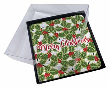4x Merry Christmas with Holly Background Picture Table Coasters Set in Gift Box