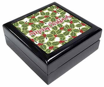 Merry Christmas with Holly Background Keepsake/Jewellery Box