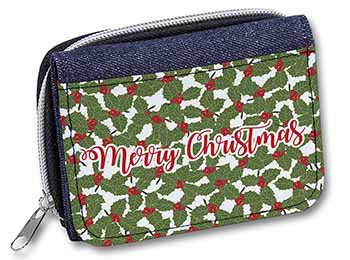 Merry Christmas with Holly Background Unisex Denim Purse Wallet