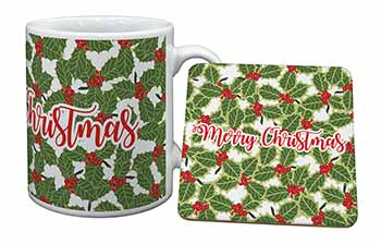 Merry Christmas with Holly Background Mug and Coaster Set