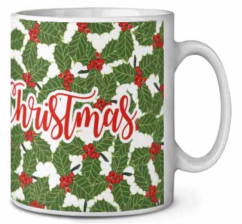 Merry Christmas with Holly Background Ceramic 10oz Coffee Mug/Tea Cup
