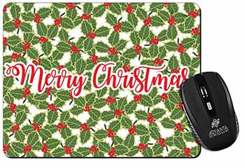 Merry Christmas with Holly Background Computer Mouse Mat