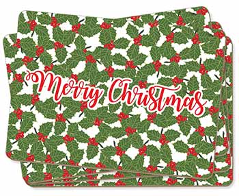 Merry Christmas with Holly Background Picture Placemats in Gift Box