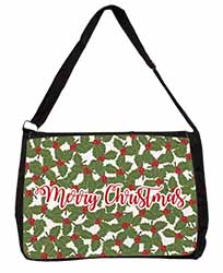 Merry Christmas with Holly Background Large Black Laptop Shoulder Bag School/Col