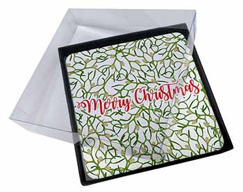 4x Merry Christmas with Mistletoe Background Picture Table Coasters Set in Gift 
