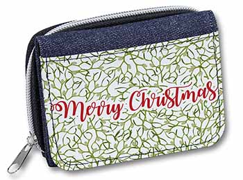 Merry Christmas with Mistletoe Background Unisex Denim Purse Wallet