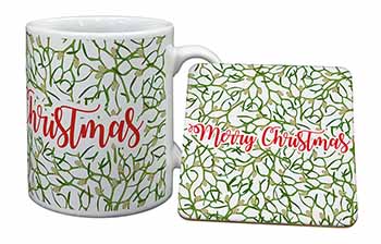 Merry Christmas with Mistletoe Background Mug and Coaster Set