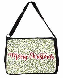 Merry Christmas with Mistletoe Background Large Black Laptop Shoulder Bag School