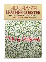 Merry Christmas with Mistletoe Background Single Leather Photo Coaster