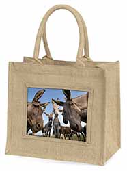 Donkeys Intrigued by Camera Natural/Beige Jute Large Shopping Bag