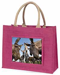 Donkeys Intrigued by Camera Large Pink Jute Shopping Bag