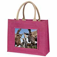 Donkeys Intrigued by Camera Large Pink Jute Shopping Bag