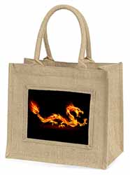 Stunning Fire Flame Dragon on Black Natural/Beige Jute Large Shopping Bag