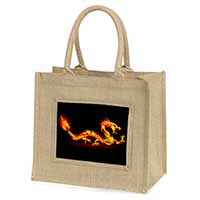 Stunning Fire Flame Dragon on Black Natural/Beige Jute Large Shopping Bag