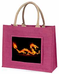 Stunning Fire Flame Dragon on Black Large Pink Jute Shopping Bag