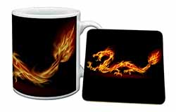 Stunning Fire Flame Dragon on Black Mug and Coaster Set