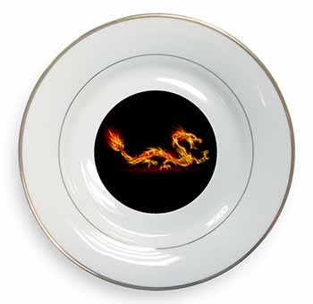Stunning Fire Flame Dragon on Black Gold Rim Plate Printed Full Colour in Gift B