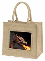 Fierce Fire Flame Mouth Dragon Natural/Beige Jute Large Shopping Bag