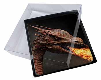 4x Fierce Fire Flame Mouth Dragon Picture Table Coasters Set in Gift Box