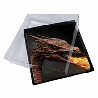 4x Fierce Fire Flame Mouth Dragon Picture Table Coasters Set in Gift Box