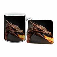 Fierce Fire Flame Mouth Dragon Mug and Coaster Set