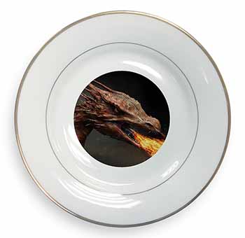 Fierce Fire Flame Mouth Dragon Gold Rim Plate Printed Full Colour in Gift Box