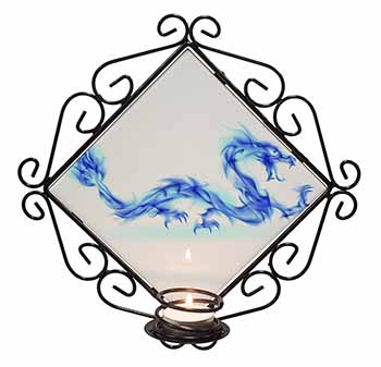Blue Flame Dragon Wrought Iron Wall Art Candle Holder