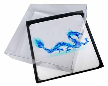 4x Blue Flame Dragon Picture Table Coasters Set in Gift Box
