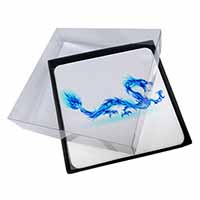 4x Blue Flame Dragon Picture Table Coasters Set in Gift Box