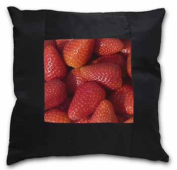 Strawberries Print Black Satin Feel Scatter Cushion