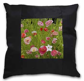 Poppies in Poppy Field Black Satin Feel Scatter Cushion