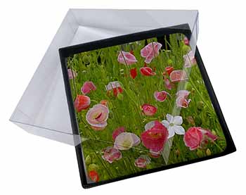 4x Poppies in Poppy Field Picture Table Coasters Set in Gift Box