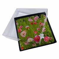 4x Poppies in Poppy Field Picture Table Coasters Set in Gift Box