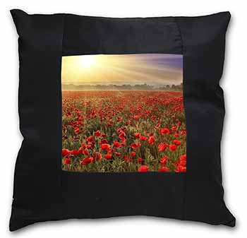 Poppies, Poppy Field at Sunset Black Satin Feel Scatter Cushion