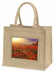 Poppies, Poppy Field at Sunset Natural/Beige Jute Large Shopping Bag