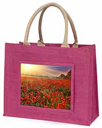 Poppies, Poppy Field at Sunset Large Pink Jute Shopping Bag