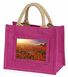 Poppies, Poppy Field at Sunset Little Girls Small Pink Jute Shopping Bag