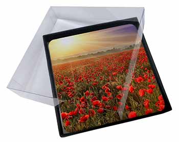 4x Poppies, Poppy Field at Sunset Picture Table Coasters Set in Gift Box